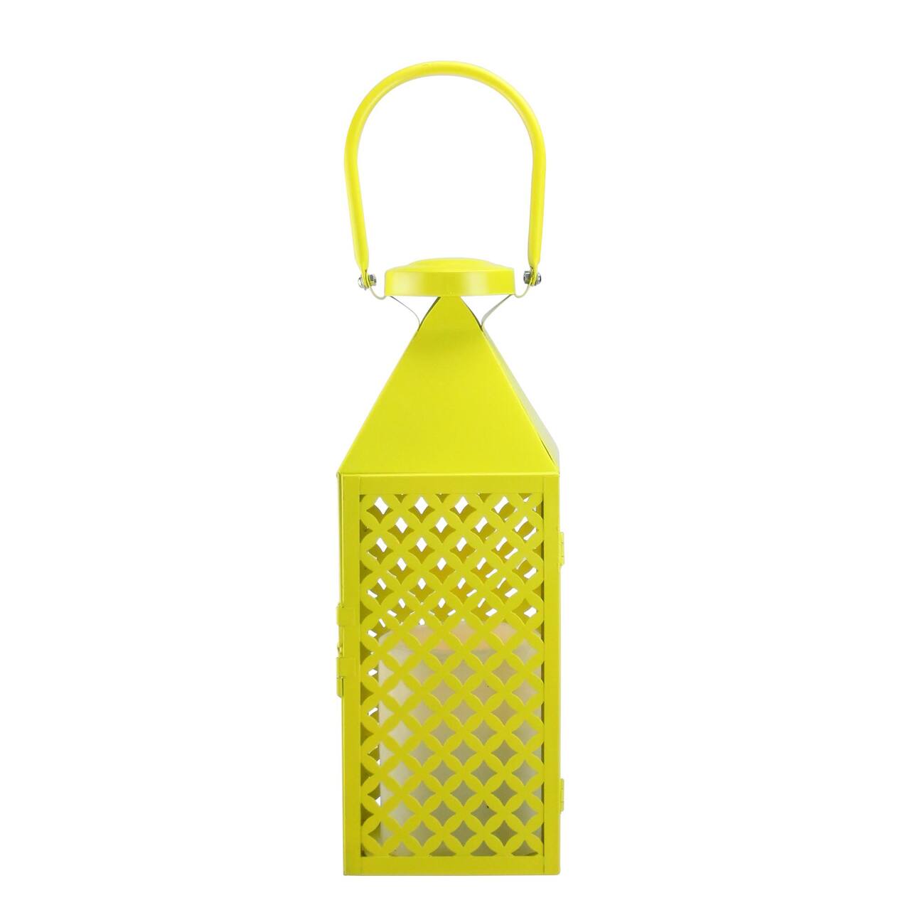 13.5" Fancy Fair Lemon Yellow Diamond Candle Lantern